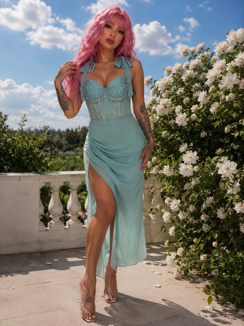 Ocean Blue Bodycon Dress  bedazzled bust Sz.S